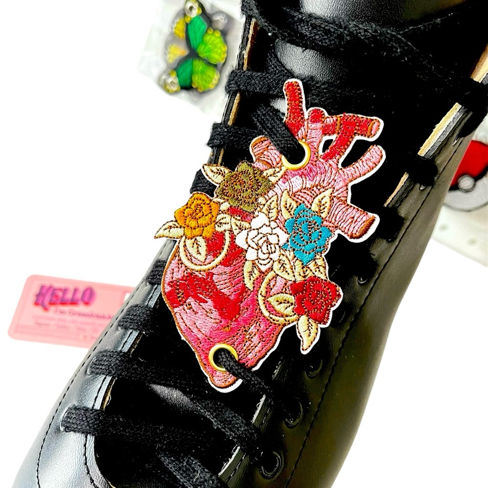 Floral heart embroidered patch shoelace charm   Roller skates shoelace charm